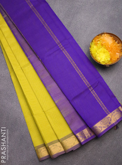 Silk cotton saree lime yellow and violet with plain body and paisley zari woven border