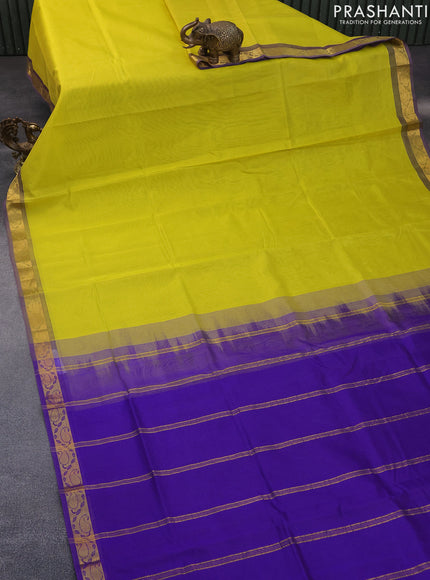 Silk cotton saree lime yellow and violet with plain body and paisley zari woven border