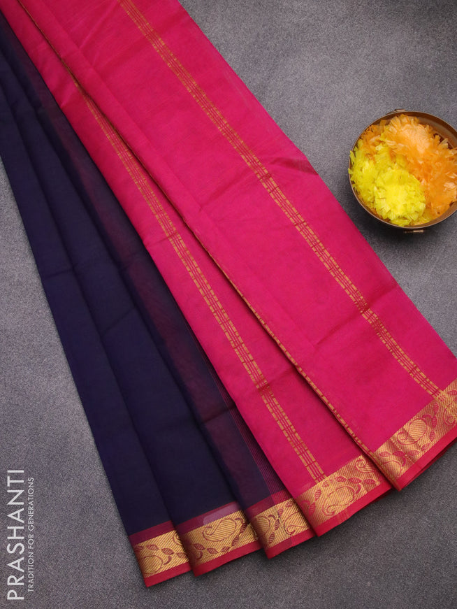 Silk cotton saree navy blue and pink with plain body and paisley zari woven border