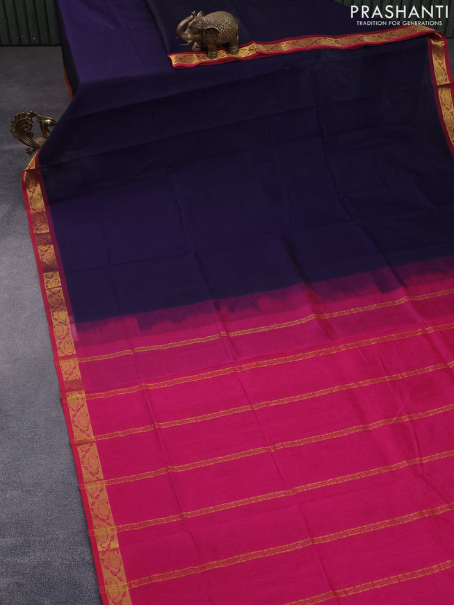 Silk cotton saree navy blue and pink with plain body and paisley zari woven border