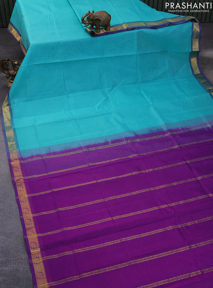 Silk cotton saree teal blue and violet with plain body and annam zari woven border