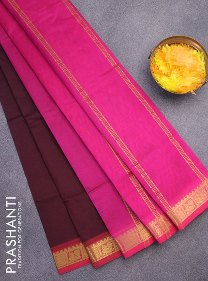 Silk cotton saree deep maroon and pink with plain body and annam zari woven border