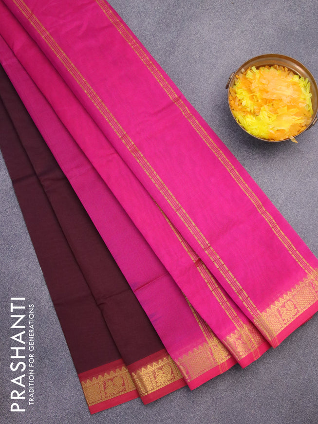 Silk cotton saree deep maroon and pink with plain body and annam zari woven border