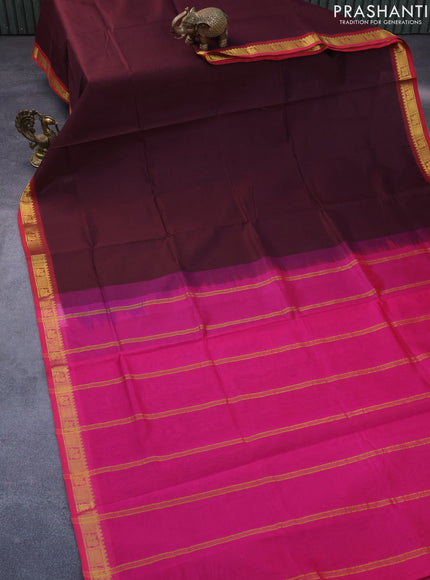 Silk cotton saree deep maroon and pink with plain body and annam zari woven border