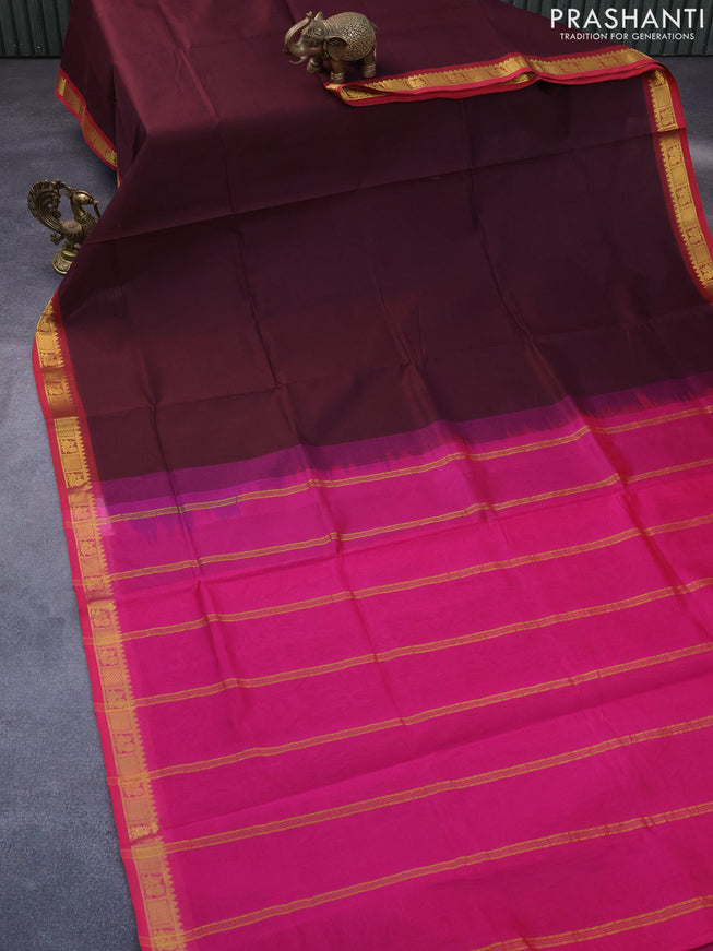 Silk cotton saree deep maroon and pink with plain body and annam zari woven border