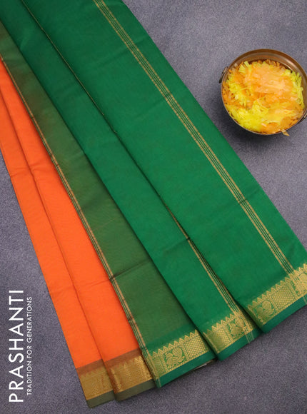 Silk cotton saree orange and green with plain body and annam zari woven border