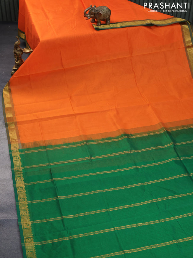 Silk cotton saree orange and green with plain body and annam zari woven border