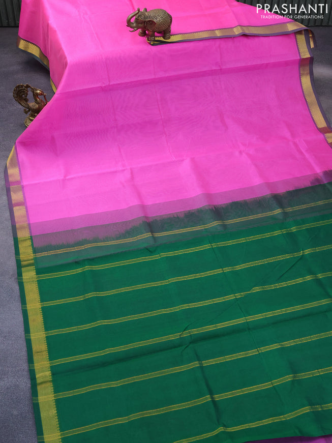 Silk cotton saree candy pink and green with plain body and zari woven border