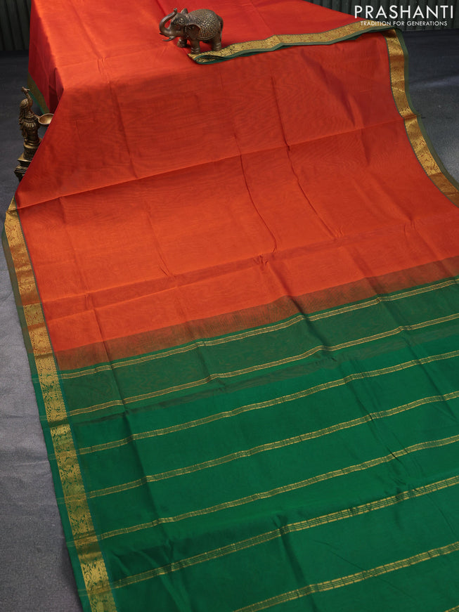 Silk cotton saree rustic orange and green with plain body and annam zari woven border