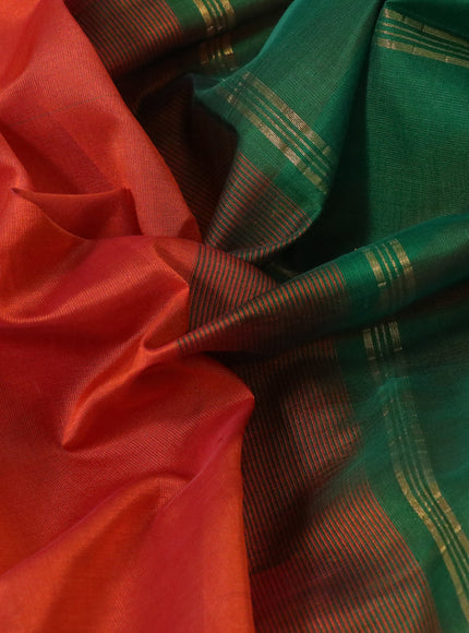 Silk cotton saree rustic orange and green with plain body and annam zari woven border