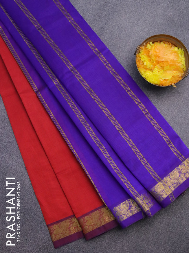 Silk cotton saree maroon shade and violet with plain body and annam zari woven border