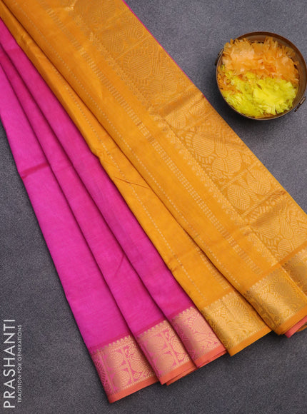 Silk cotton saree pink and mustard yellow with plain body and zari woven border