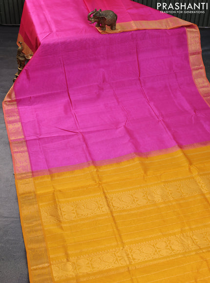 Silk cotton saree pink and mustard yellow with plain body and zari woven border