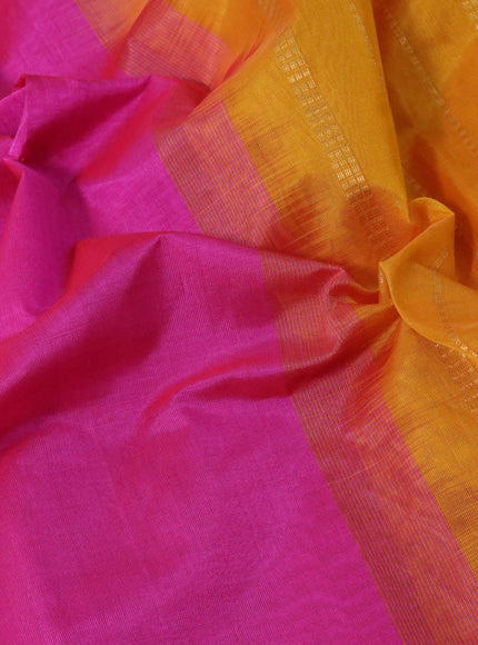 Silk cotton saree pink and mustard yellow with plain body and zari woven border