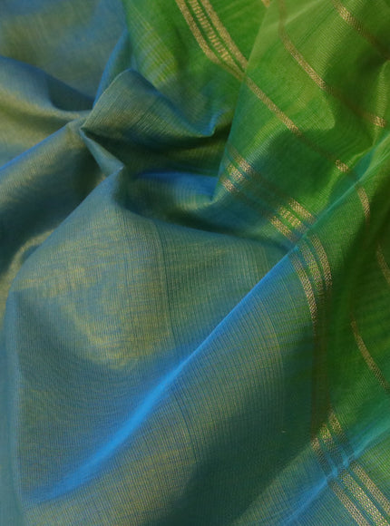 Silk cotton saree dual shade of teal blue and light green with plain body and zari woven border