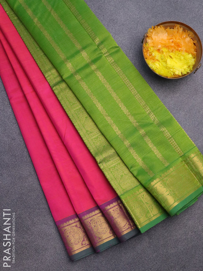 Silk cotton saree dual shade of pinkish yellow and light green with plain body and zari woven border