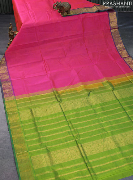 Silk cotton saree dual shade of pinkish yellow and light green with plain body and zari woven border