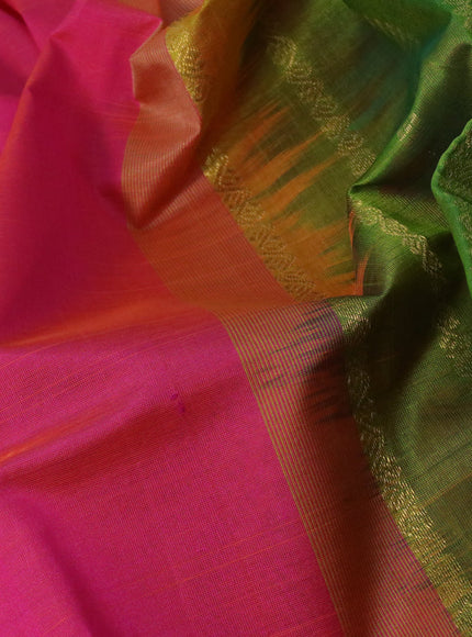 Silk cotton saree dual shade of pinkish yellow and light green with plain body and zari woven border