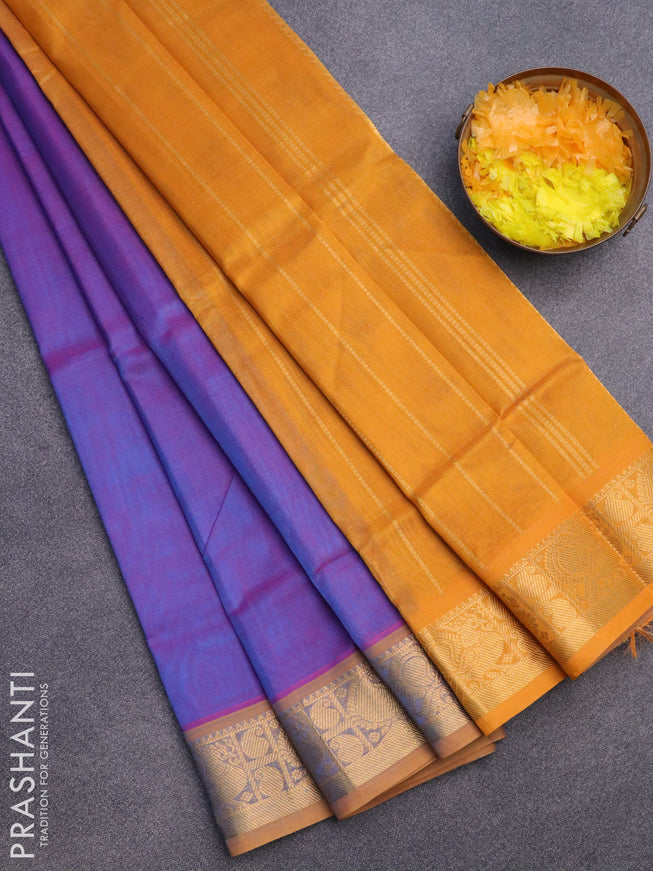 Silk cotton saree dual shade of bluish pink and mustard yellow with plain body and zari woven border