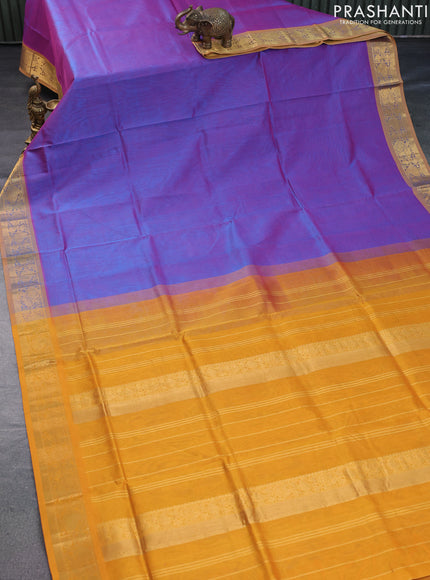 Silk cotton saree dual shade of bluish pink and mustard yellow with plain body and zari woven border