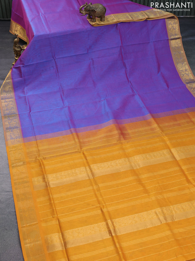 Silk cotton saree dual shade of bluish pink and mustard yellow with plain body and zari woven border