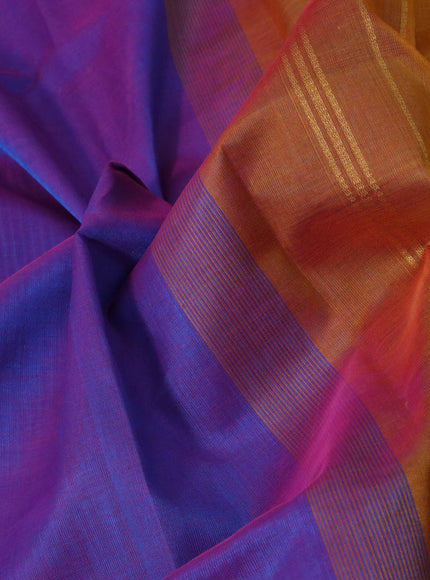 Silk cotton saree dual shade of bluish pink and mustard yellow with plain body and zari woven border