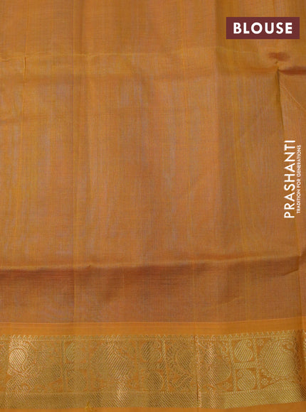 Silk cotton saree dual shade of bluish pink and mustard yellow with plain body and zari woven border