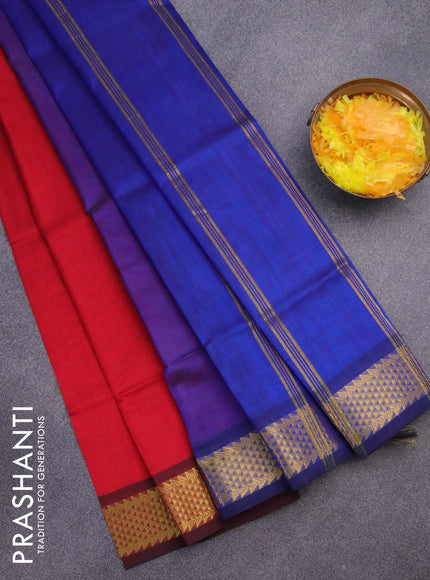 Silk cotton saree red and blue with plain body and zari woven border