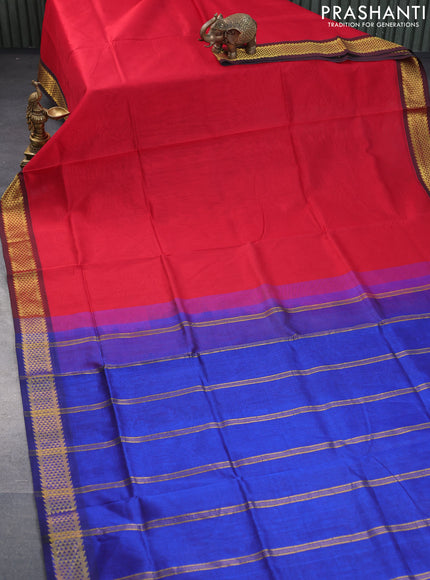 Silk cotton saree red and blue with plain body and zari woven border