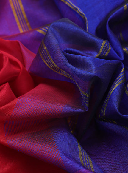 Silk cotton saree red and blue with plain body and zari woven border