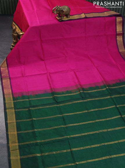 Silk cotton saree dark pink and dark green with plain body and zari woven border