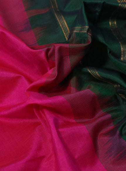 Silk cotton saree dark pink and dark green with plain body and zari woven border