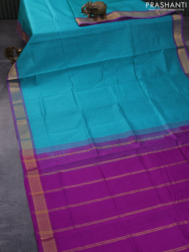 Silk cotton saree teal blue and purple with plain body and zari woven border