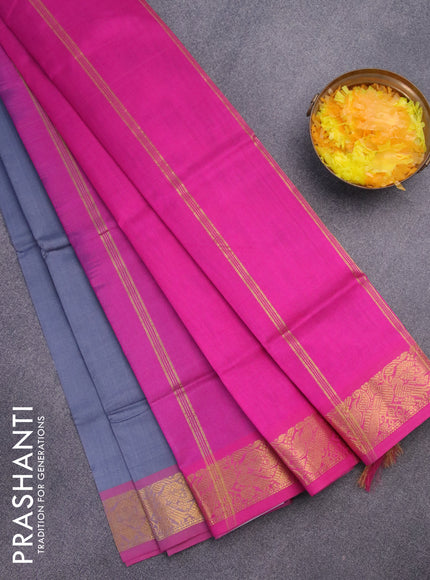 Silk cotton saree grey and pink with plain body and peacock zari woven border