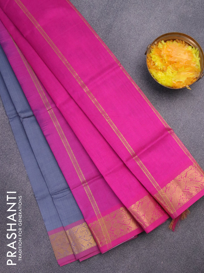 Silk cotton saree grey and pink with plain body and peacock zari woven border