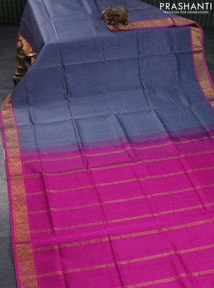 Silk cotton saree grey and pink with plain body and peacock zari woven border