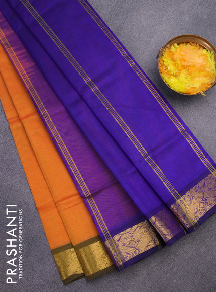 Silk cotton saree mango yellow and blue with plain body and peacock zari woven border