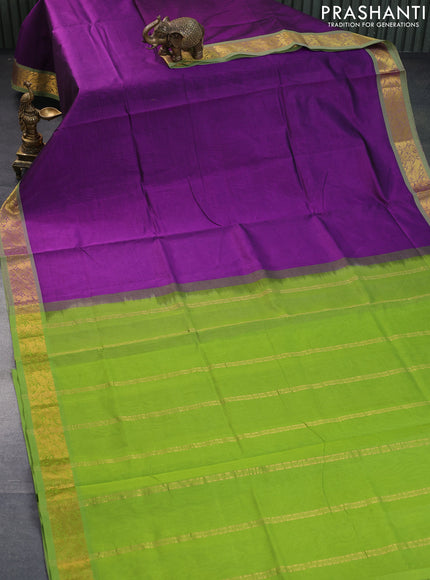 Silk cotton saree purple and light green with plain body and peacock zari woven border