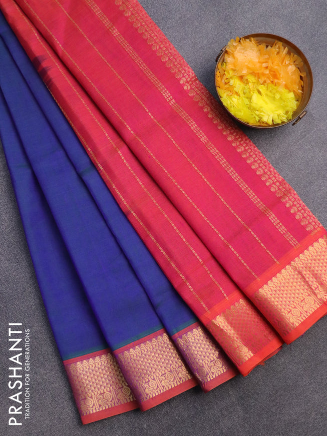 Silk cotton saree dual shade of bluish green and dual shade of pinkish orange with plain body and zari woven border