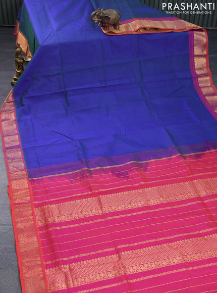 Silk cotton saree dual shade of bluish green and dual shade of pinkish orange with plain body and zari woven border