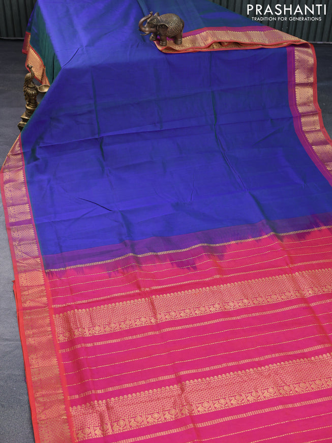 Silk cotton saree dual shade of bluish green and dual shade of pinkish orange with plain body and zari woven border