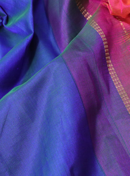 Silk cotton saree dual shade of bluish green and dual shade of pinkish orange with plain body and zari woven border