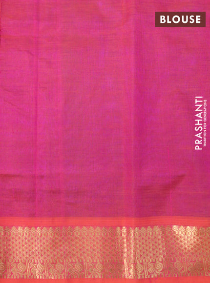 Silk cotton saree dual shade of bluish green and dual shade of pinkish orange with plain body and zari woven border