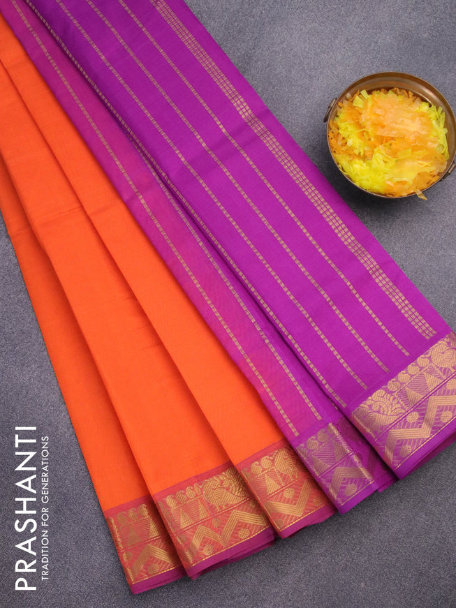 Silk cotton saree orange and purple with plain body and zari woven border