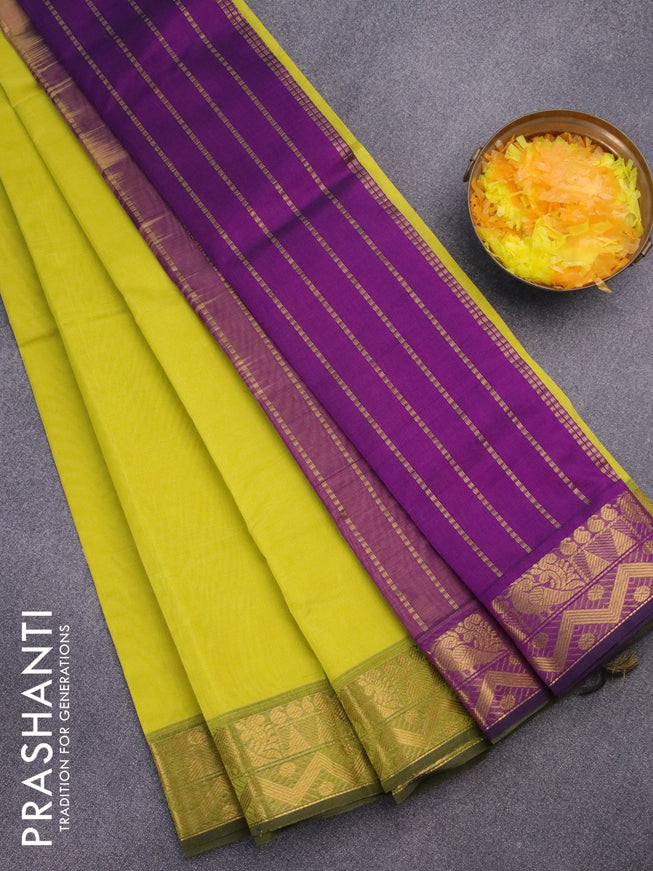 Silk cotton saree lime yellow and purple with plain body and zari woven border