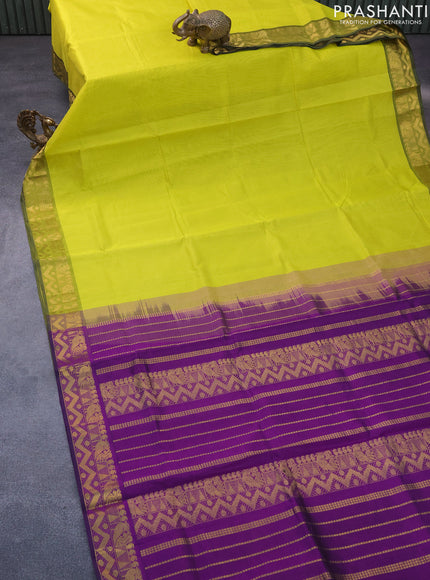 Silk cotton saree lime yellow and purple with plain body and zari woven border