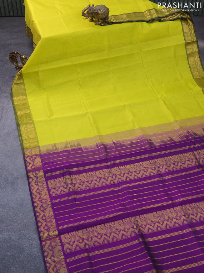 Silk cotton saree lime yellow and purple with plain body and zari woven border