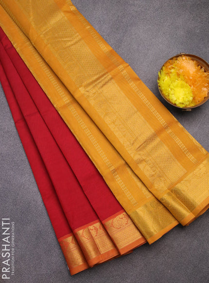 Silk cotton saree maroon and mustard yellow with plain body and zari woven border