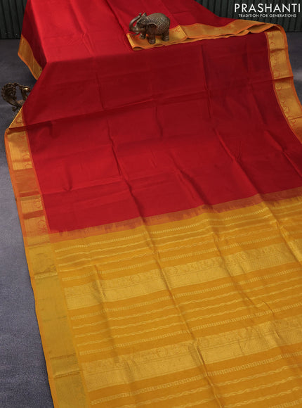 Silk cotton saree maroon and mustard yellow with plain body and zari woven border