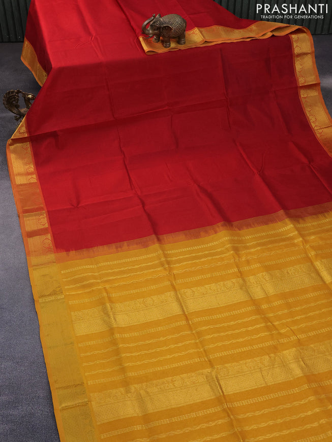 Silk cotton saree maroon and mustard yellow with plain body and zari woven border